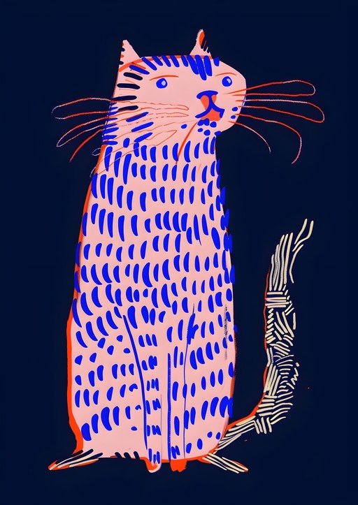 Whimsical Pink Cat Illustration with Blue Accents