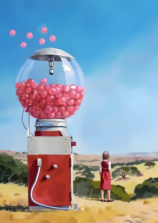 Girl Gazes at Giant Gumball Machine in Desert Landscape