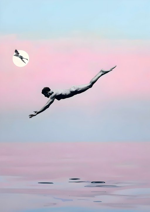 Diver and Bird in Surreal Sunset Sky