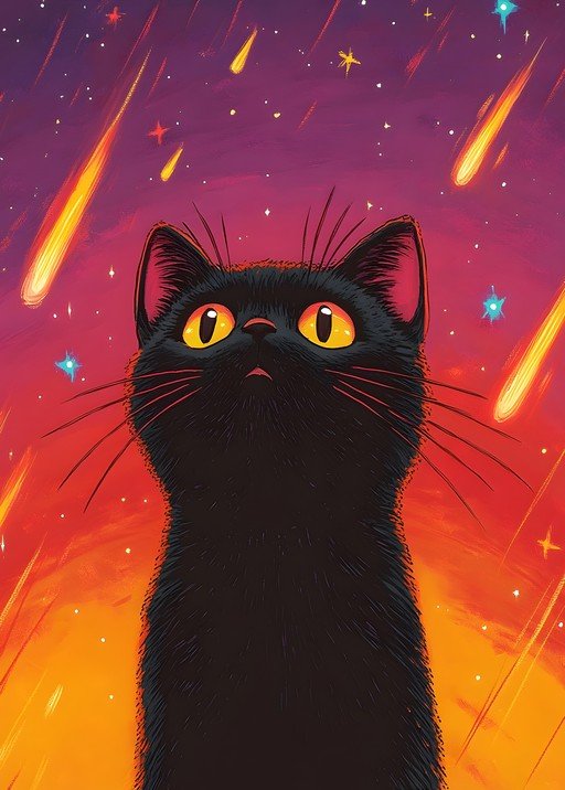 Black Cat Gazes at Meteor Shower