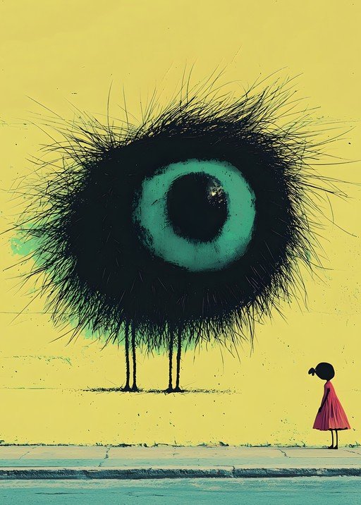 Whimsical Monster Meets Little Girl on Yellow Wall