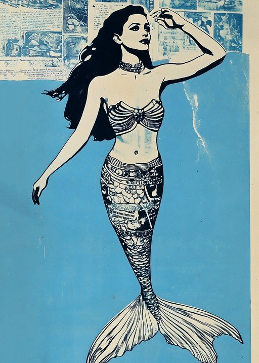 Stylized Mermaid with Collage Tail on Blue Background