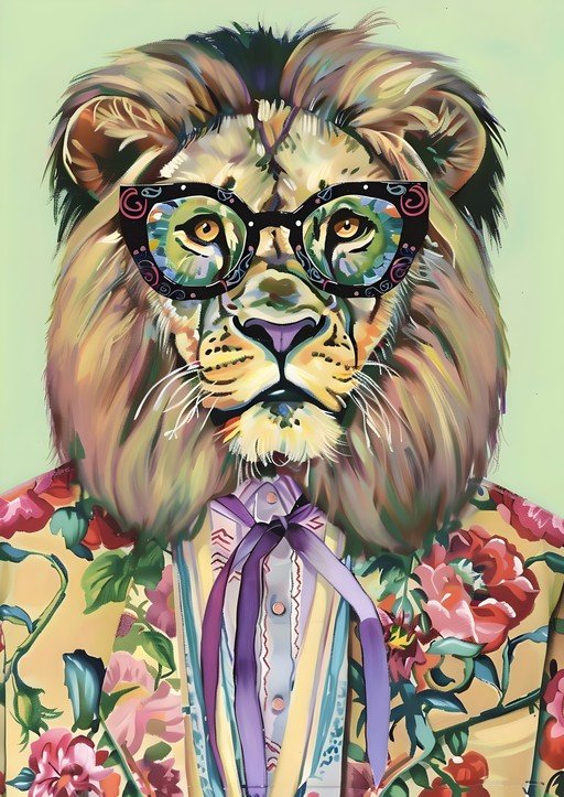 Stylish Lion Portrait in Floral Jacket and Glasses