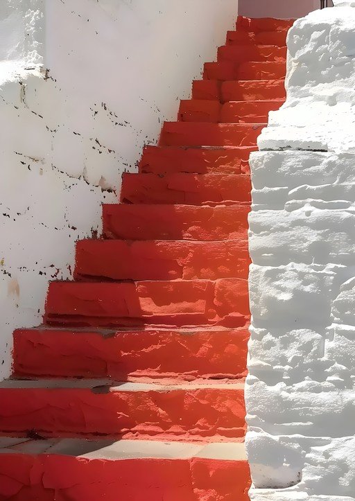 Vibrant Red Staircase Against White Textured Walls