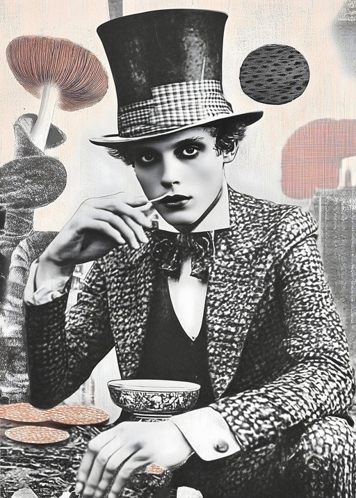 Surreal Portrait of a Man in a Top Hat with Mushrooms