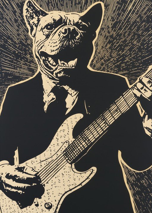 Dog-headed man plays electric guitar in suit
