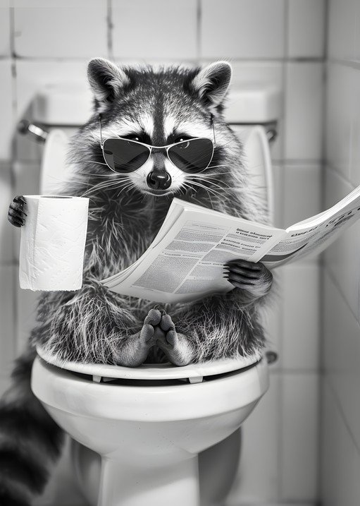 Raccoon in Sunglasses Reads Newspaper on Toilet
