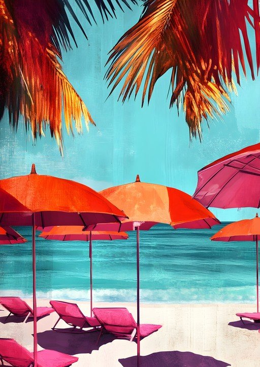 Vibrant Beach Scene with Palm Trees and Umbrellas