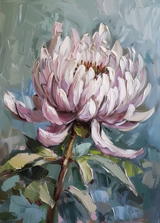 Textured Oil Painting of a Delicate Pink Chrysanthemum