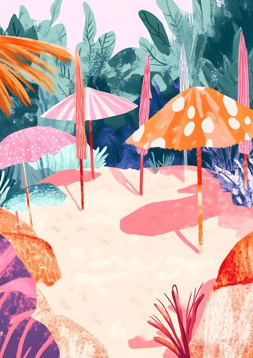 Whimsical Beach Scene with Colorful Umbrellas and Lush Foliage