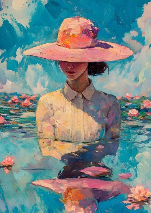 Impressionist Woman in Hat Amidst Water Lilies