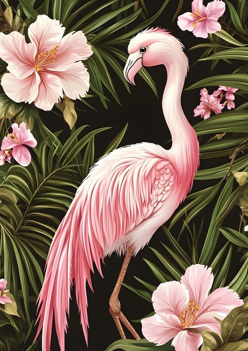 Pink Flamingo Amidst Tropical Foliage and Flowers