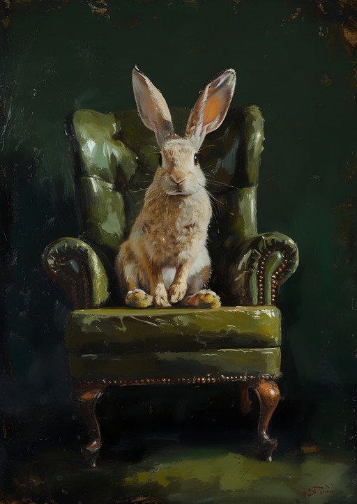 Hare Poses in a Vintage Green Armchair