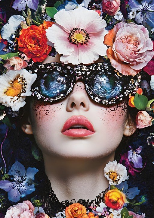 Woman in Floral Headdress and Embellished Sunglasses