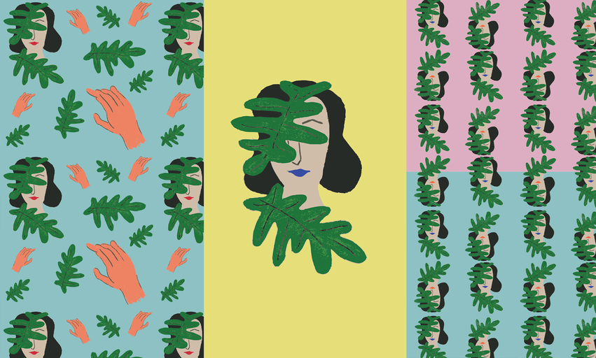 Abstract Woman and Tropical Leaves Pattern