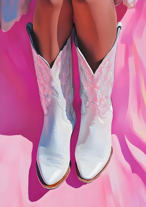 White Cowboy Boots on Pink Background