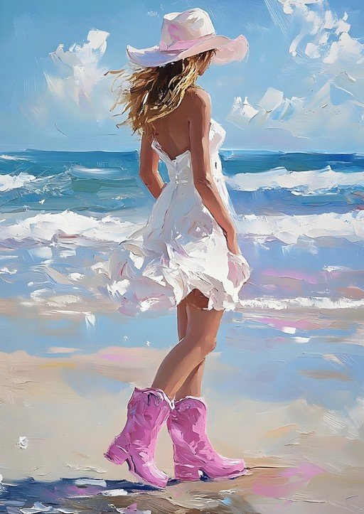 Woman in White Dress and Pink Boots on Beach