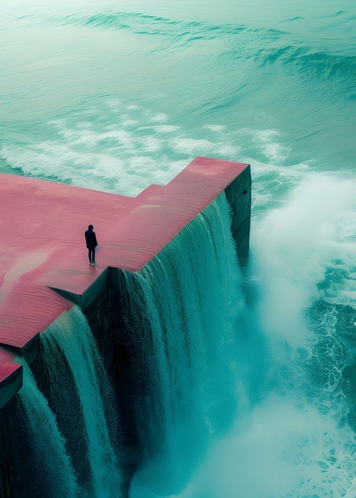 Person on edge of waterfall overlooking turbulent sea