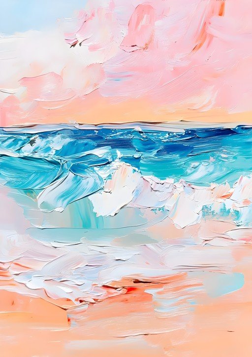 Impressionistic Beach Scene with Textured Waves