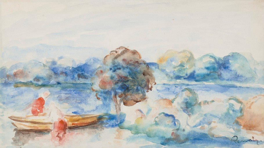 Impressionist Watercolor of a Serene River Scene with Boats