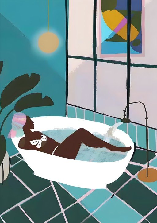 Woman Relaxing in Bathtub with Modern Art and Plants