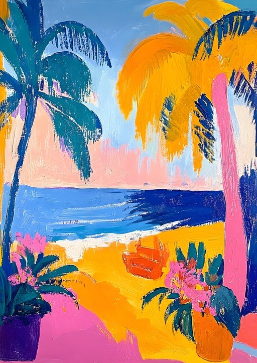 Vibrant Tropical Beach Scene Painting