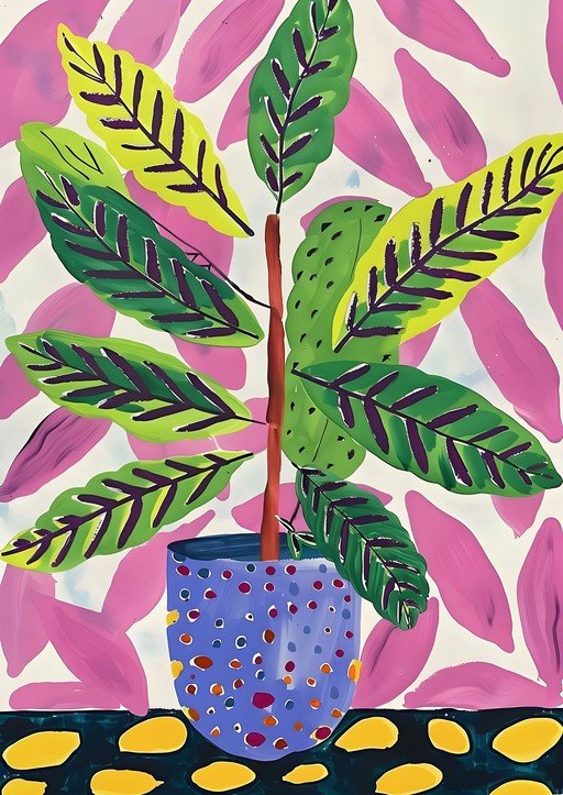 Vibrant Potted Plant with Abstract Pink Background