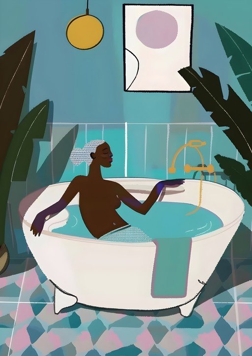 Woman Relaxing in Bathtub with Tropical Plants