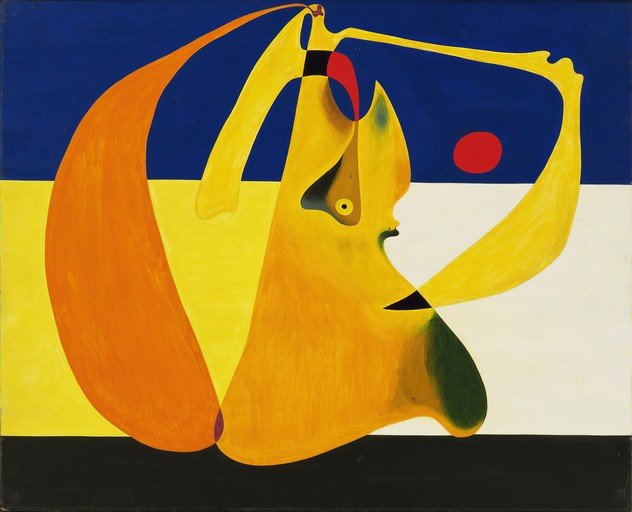 Surrealist painting with yellow, orange, and blue abstract forms