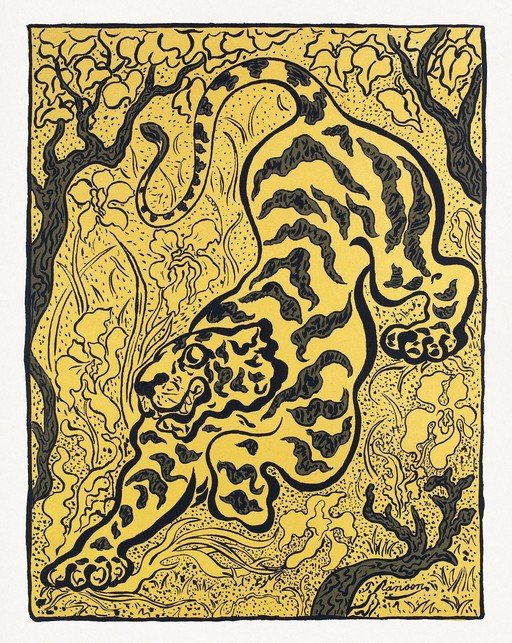 Stylized Tiger in a Floral Landscape