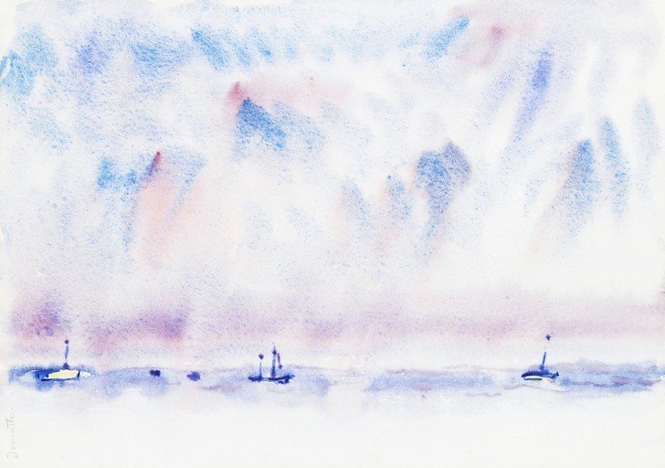 Watercolor Sailboats on a Hazy Sea