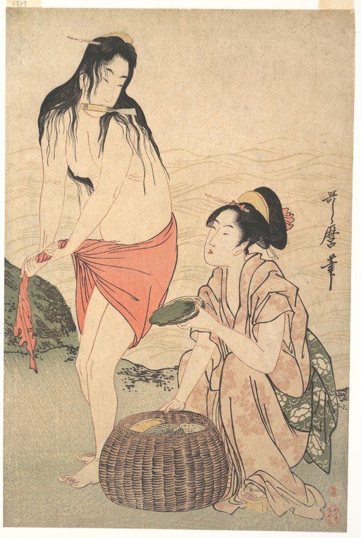 Two Women by a River, Japanese Woodblock Print