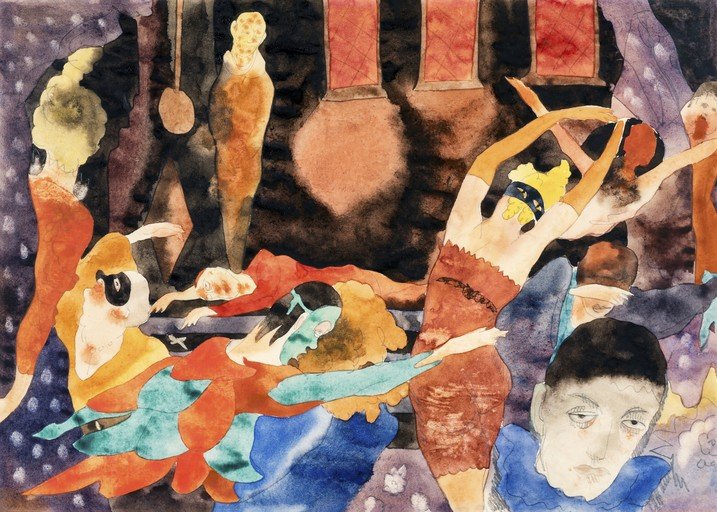 Abstract Watercolor Depicting Figures in Motion