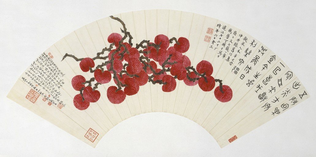 Chinese Fan Painting of Lychees with Calligraphy