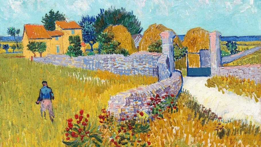 Vincent van Gogh's Harvest Scene with Haystacks and Farmhouse