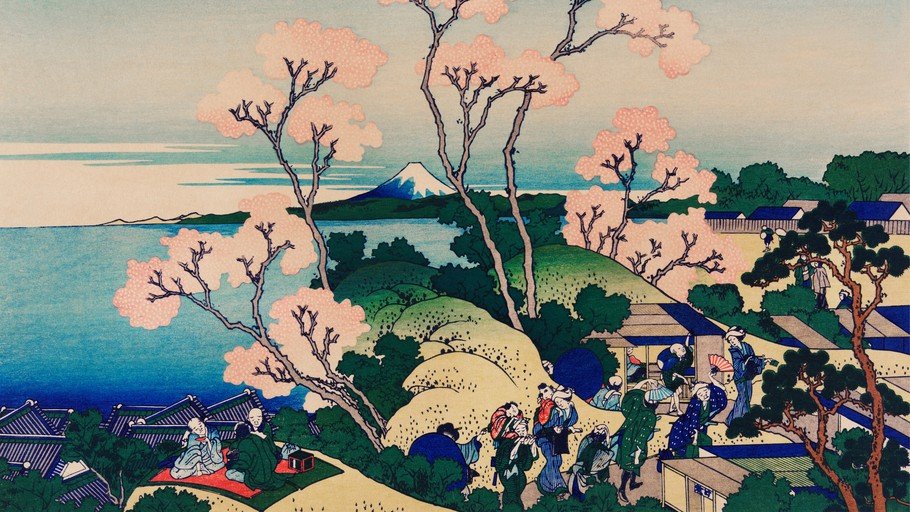 Japanese Landscape with Mount Fuji and Cherry Blossoms