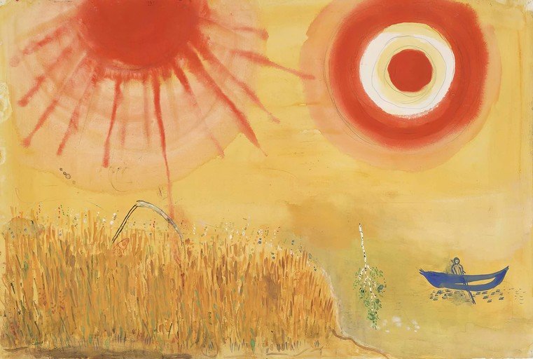 Abstract Sun Over Wheat Field and River Scene