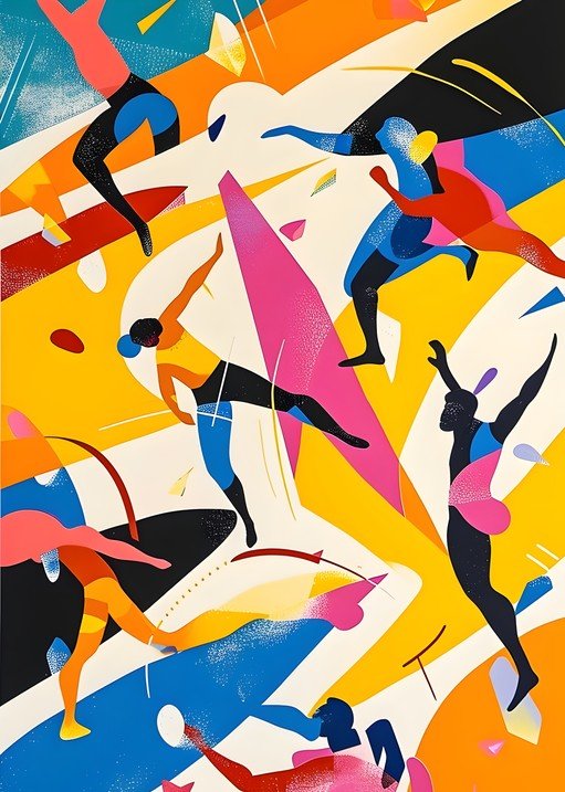 Vibrant Abstract Art of Dynamic Figures in Motion