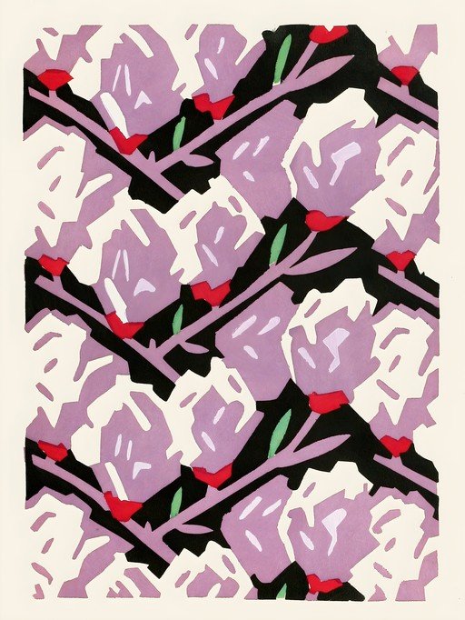 Art Deco Floral Pattern with Purple and White Blooms