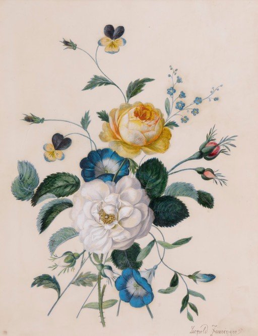 Botanical Illustration of Roses and Pansies