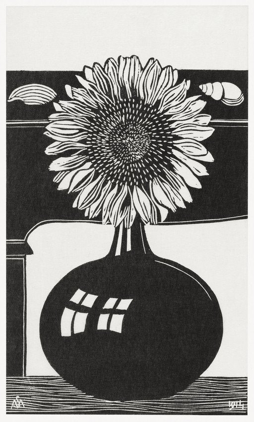 Sunflower in a Vase with Snail and Leaves