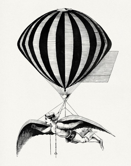 Vintage Illustration of Winged Figure with Hot Air Balloon