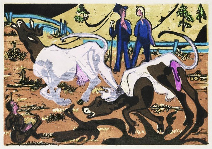 Expressionist Farm Scene with Cows and Figures