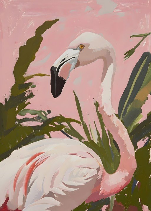 Flamingo Amidst Lush Greenery on Pink Background