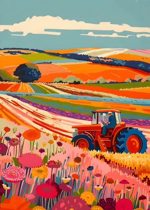 Vibrant Tractor in a Colorful Flower Field