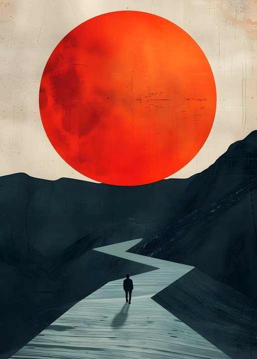 Solitary Journey Under a Crimson Moon