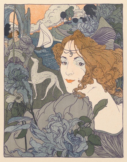 Art Nouveau Woman with Dog and Sailboat