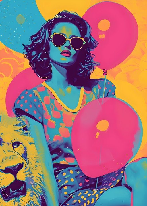Pop Art Woman with Lion and Balloons