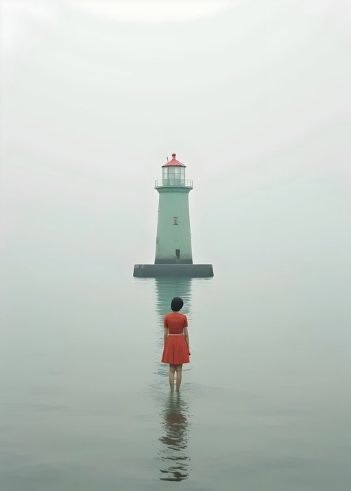 Woman in Red Dress Faces Lighthouse in Foggy Water