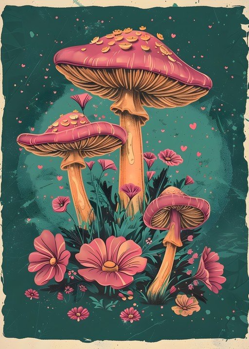 Whimsical Pink Mushrooms and Flowers Art Print